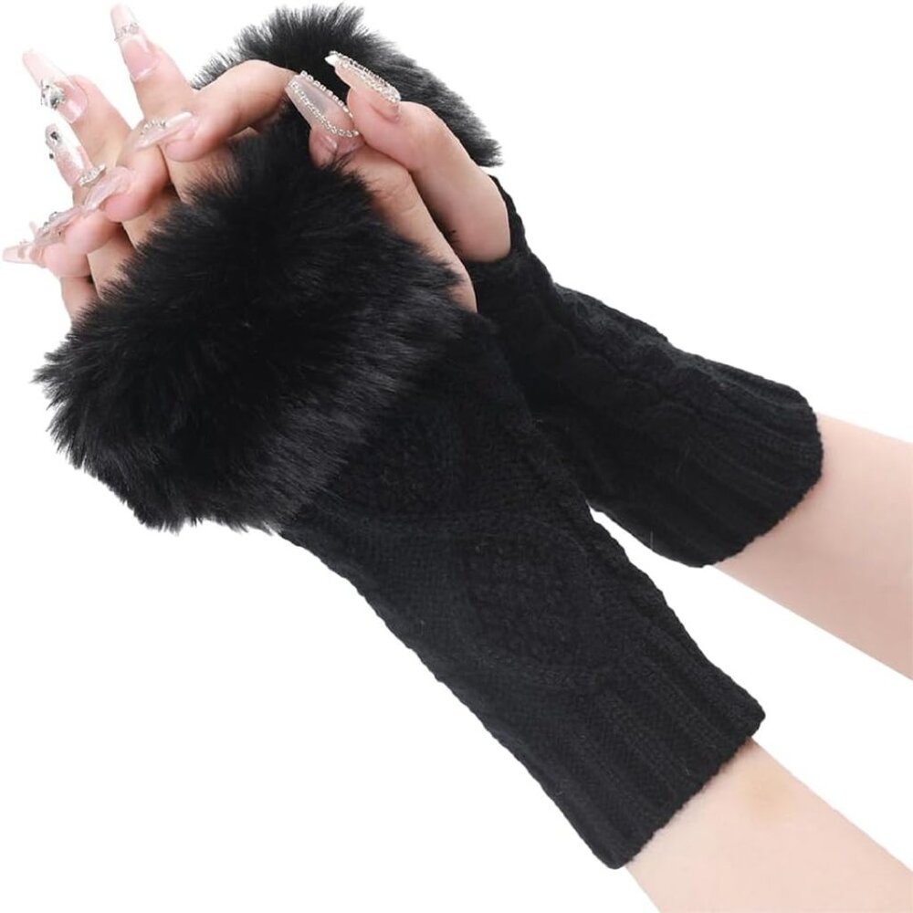 Women's 2-Pairs Black Fluffy Fur Crochet Arm Warmers Thumb Hole Wrist Gloves